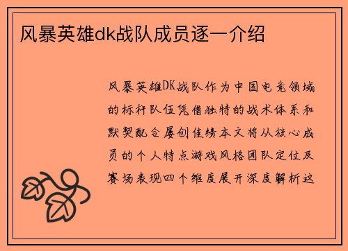 风暴英雄dk战队成员逐一介绍